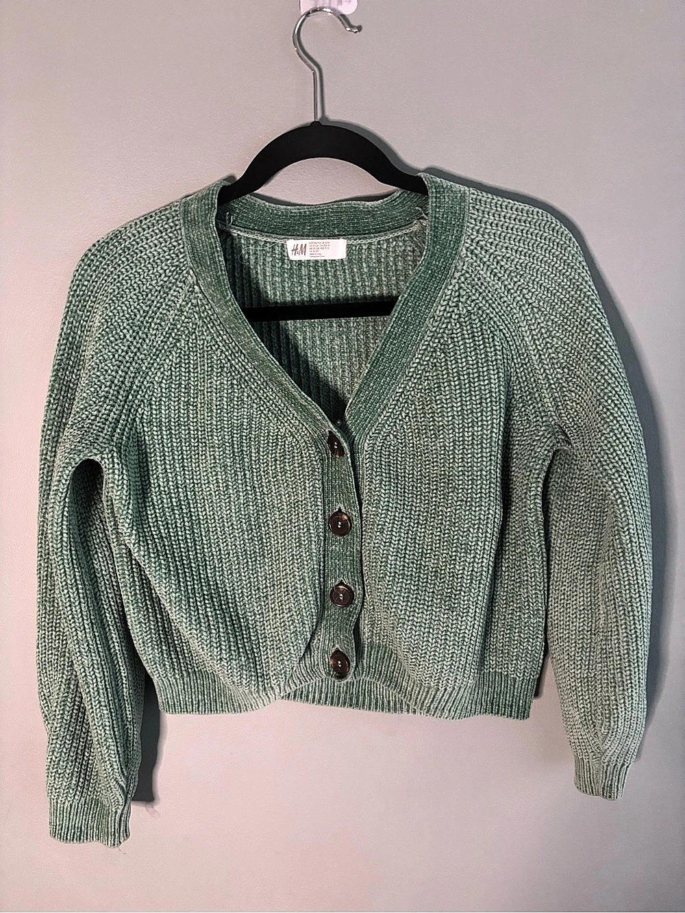 H&M Relaxed-Fit Patent-Knit Chenille Cardigan Green Cardigan Size Small